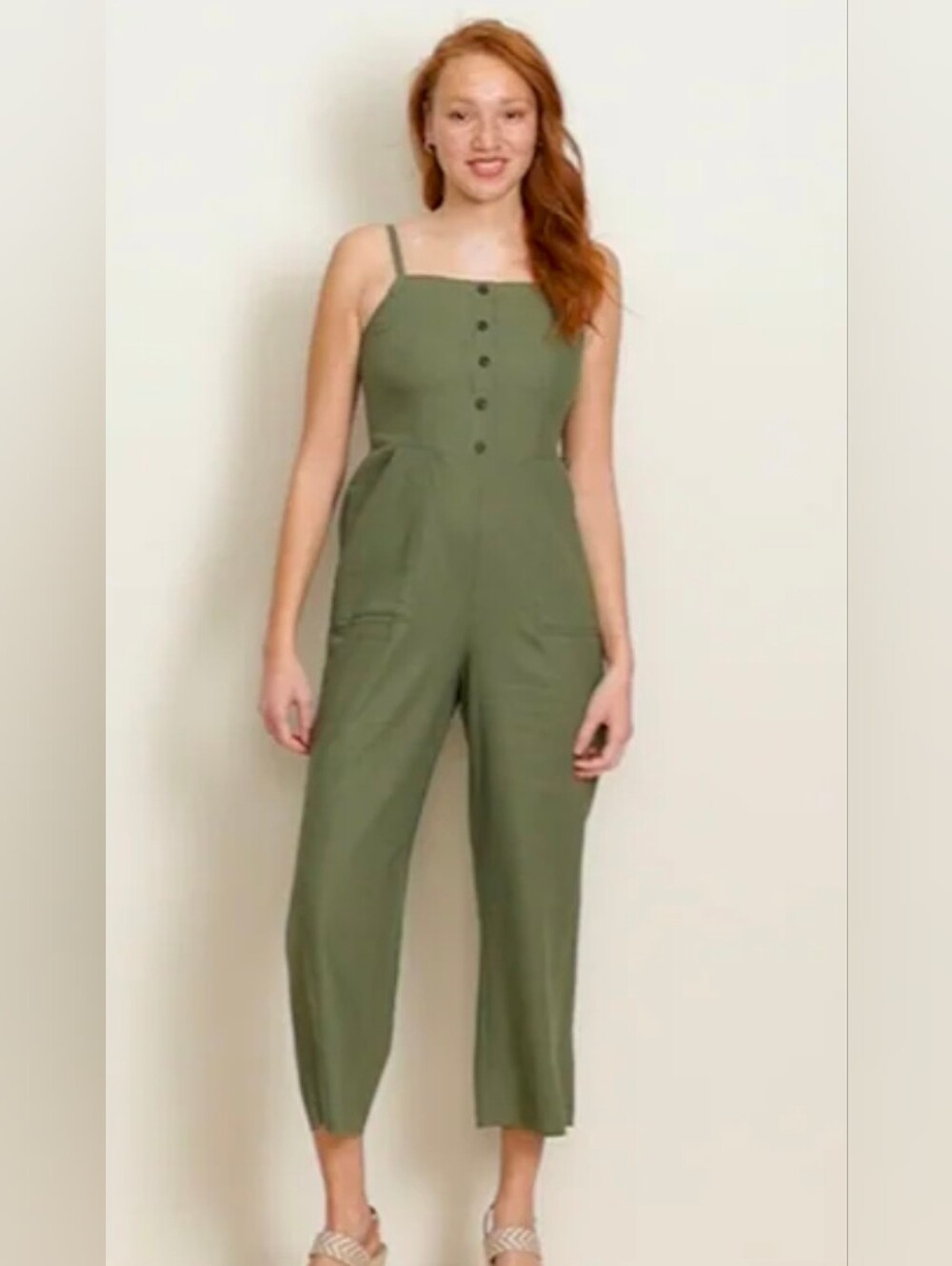 Olive Green Button-Front Wide-Leg Jumpsuit